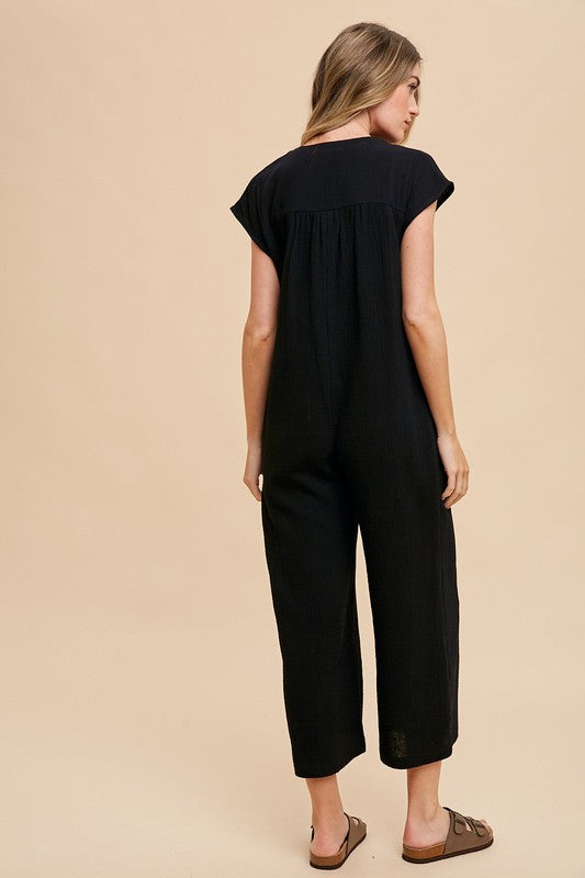 Annie Wear Button Detail Wide Leg Jumpsuit with Pockets Jumpsuits