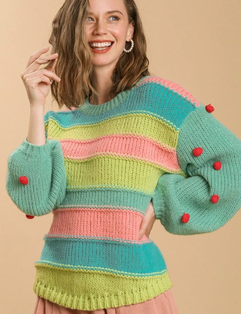EMERALDMIX Umgee Full Size Color Block Cable Knit Sweater with Pom Pom Plus Size | Daverri Fashions
