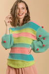 Umgee Full Size Color Block Cable Knit Sweater with Pom Pom Plus Size - DAVERRI FASHIONS