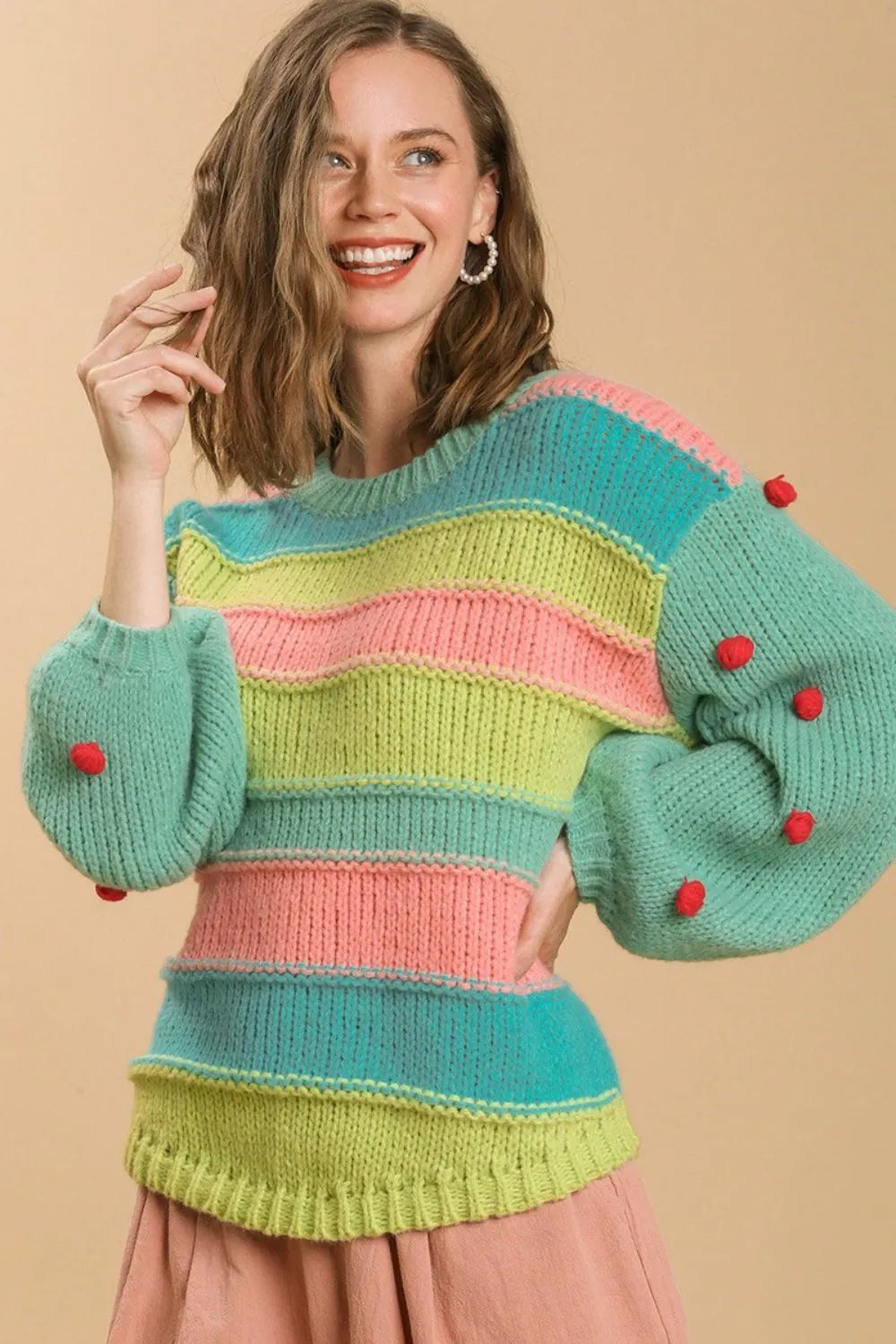 EMERALDMIX Umgee Full Size Color Block Cable Knit Sweater with Pom Pom Plus Size | Daverri Fashions