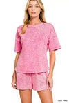 Hot pink distressed Zenana Halo Snow Washed short-sleeve tee
