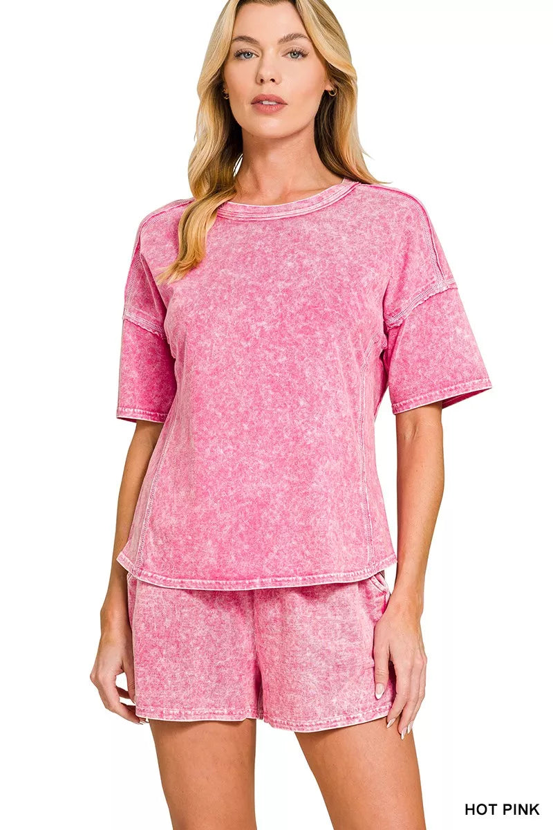 Hot pink distressed Zenana Halo Snow Washed short-sleeve tee