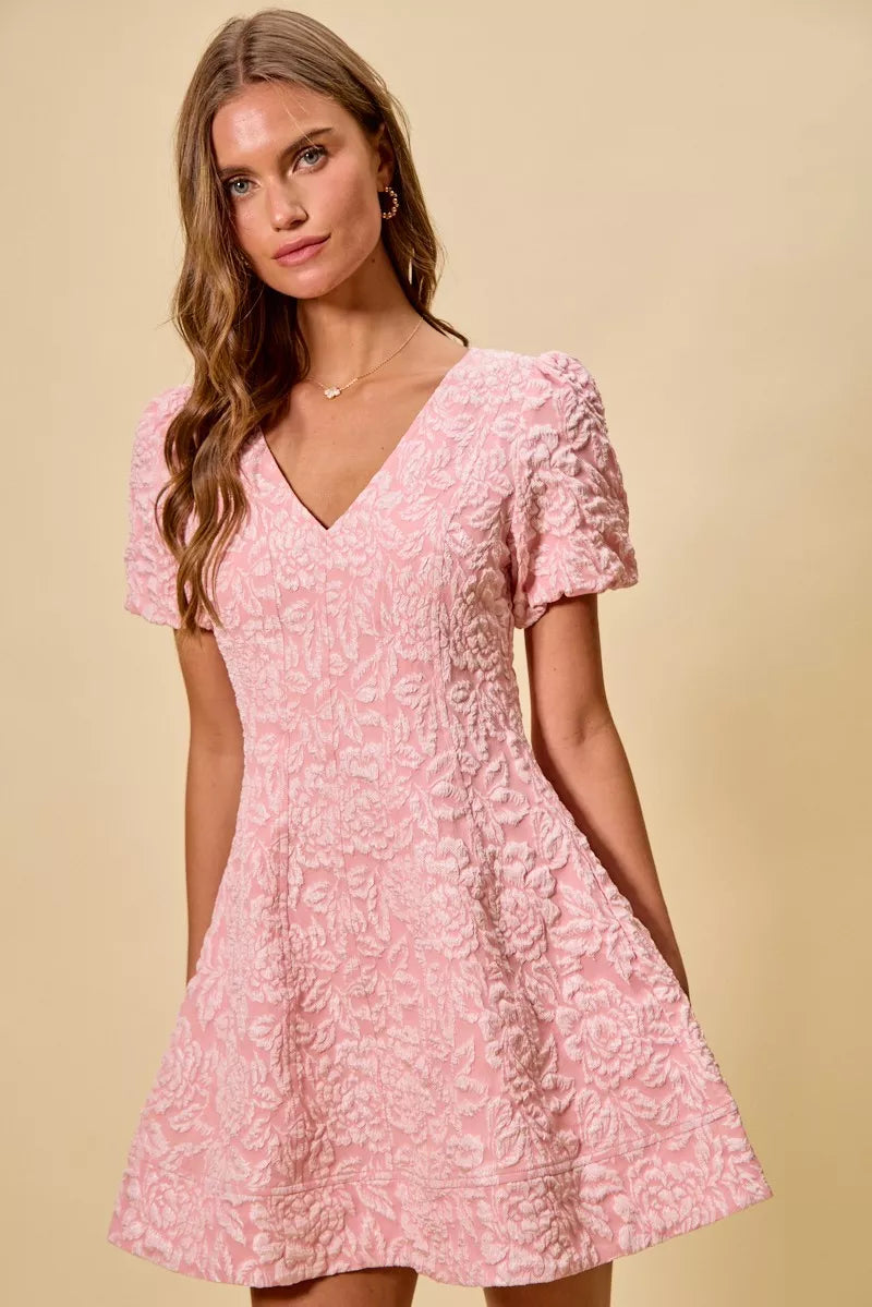 SO ME floral jacquard fit and flare mini dress in soft pink lace