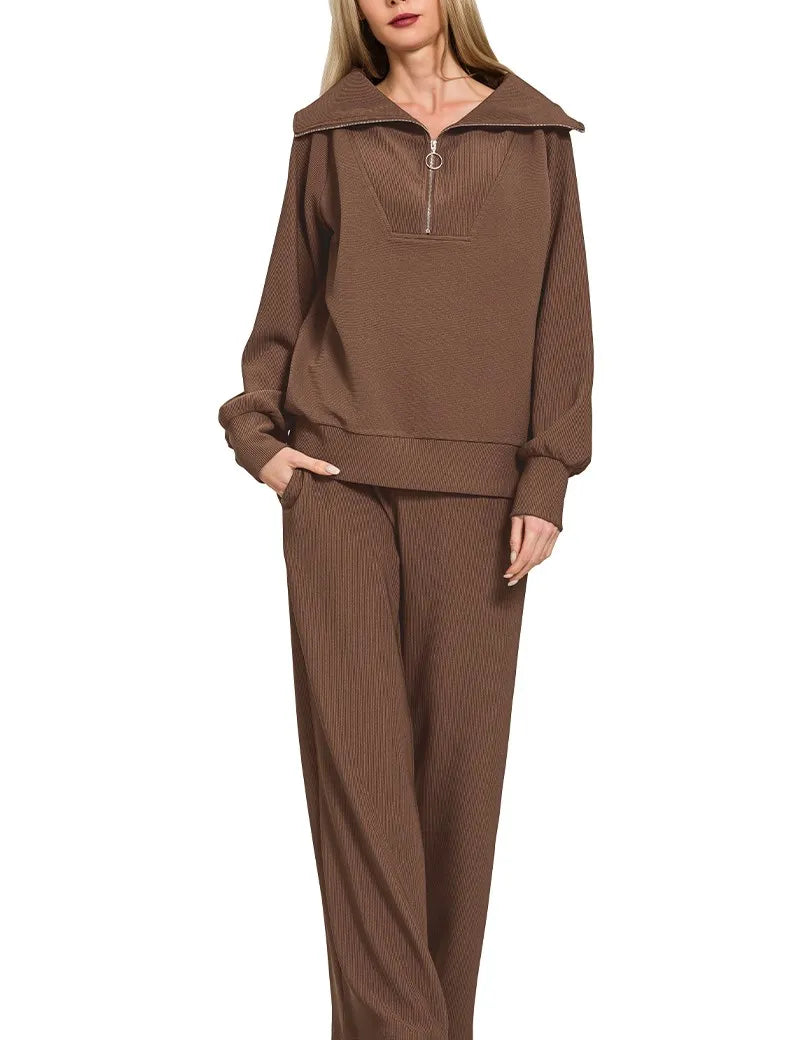 Zenana Ribbed High Neck Half Zip Pullover & Pants Set | Loungewear Sets Daverri Fashions