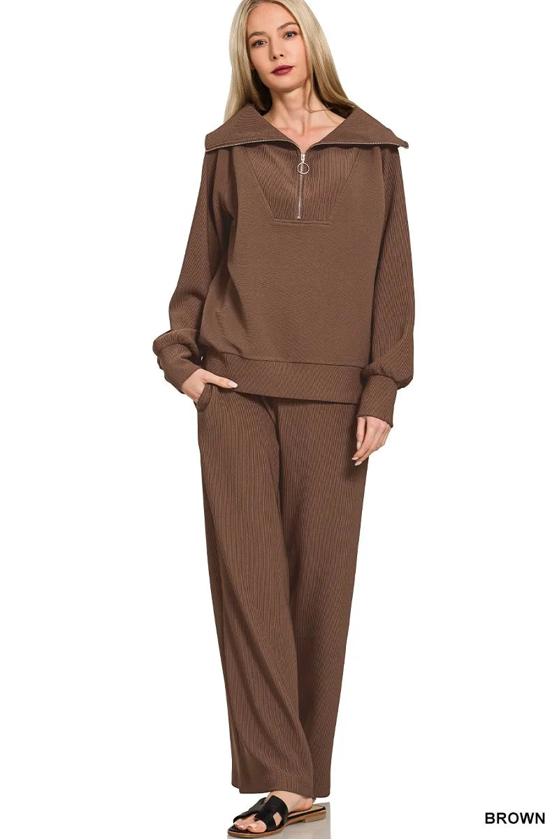 Zenana Ribbed High Neck Half Zip Pullover & Pants Set | Loungewear Sets Daverri Fashions