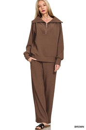 Zenana Ribbed High Neck Half Zip Pullover & Pants Set | Loungewear Sets Daverri Fashions