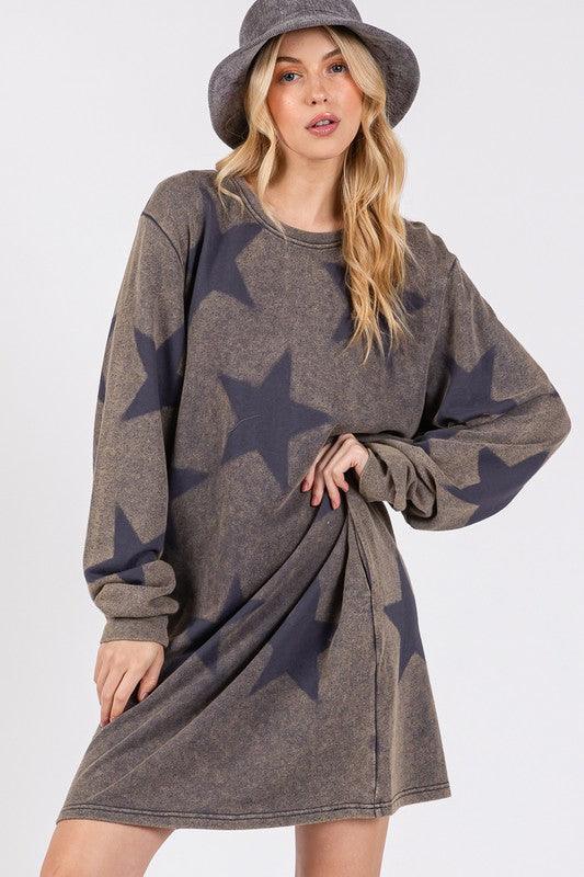 SAGE + FIG Washed Star Print Round Neck Dress - DAVERRI FASHIONS