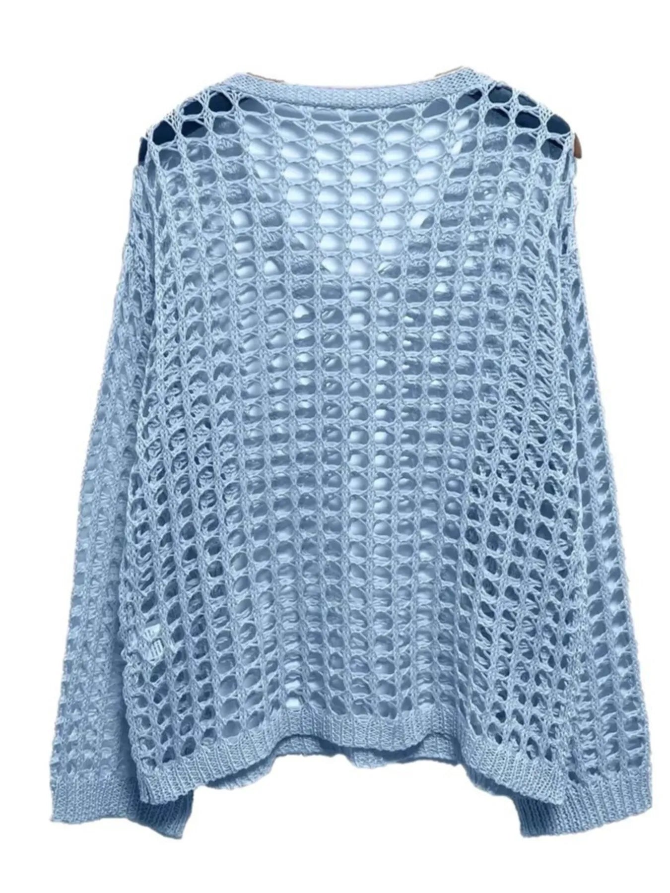 Light blue Crochet Long Sleeve Knit Cover Up open-knit sweater back view