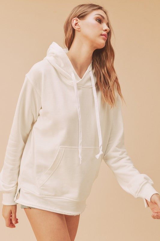 Aemi + Co Raw Hem Kangaroo Pocketed Drawstring Hoodie Hoodies