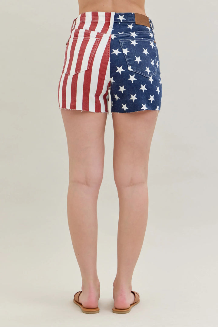 Judy Blue Full Size High Waist Americana Flag Fray Hem Shorts Plus Size Denim Shorts