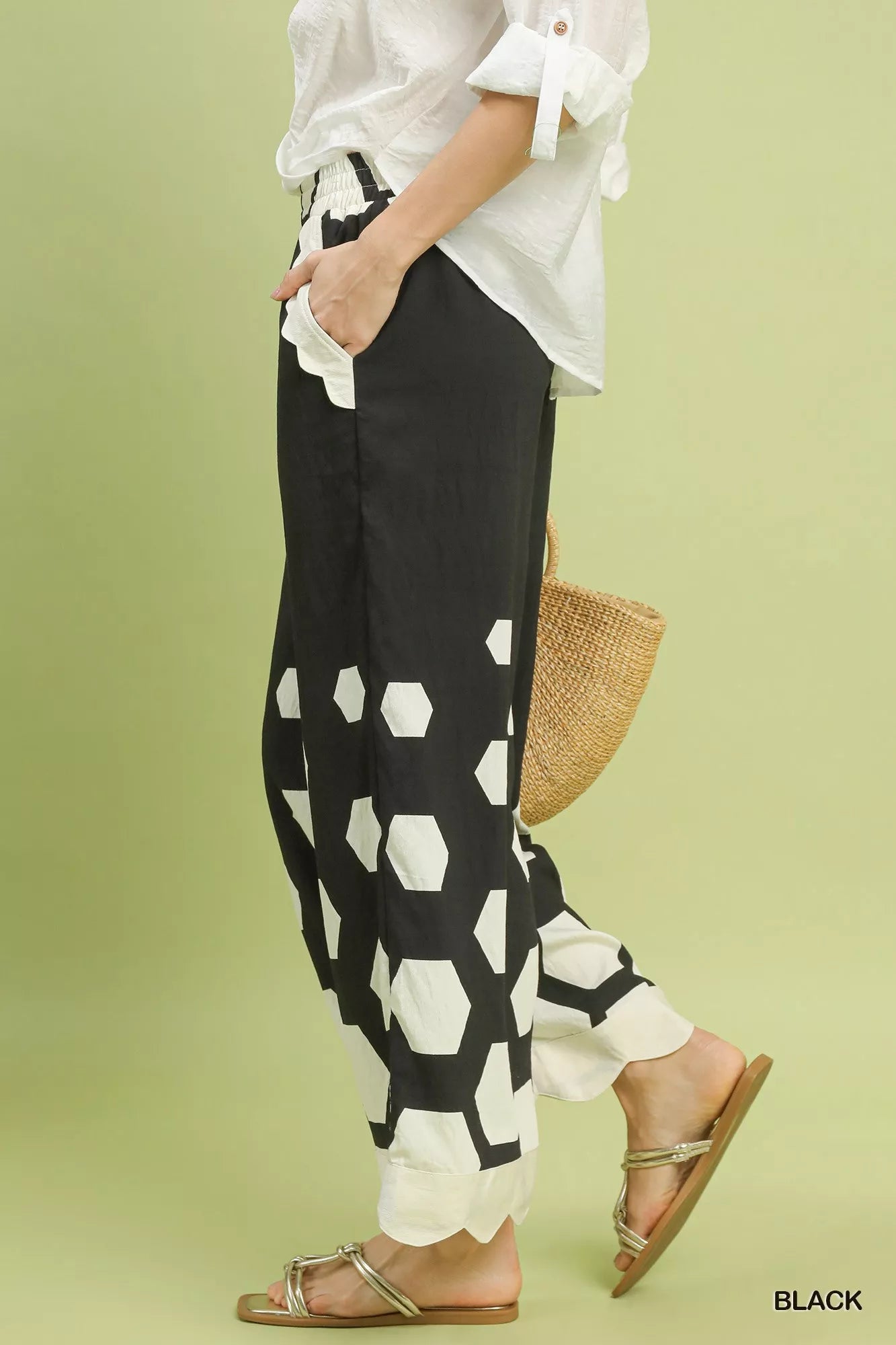 Black Umgee hexagon print wide leg pants with ruffled cuffs
