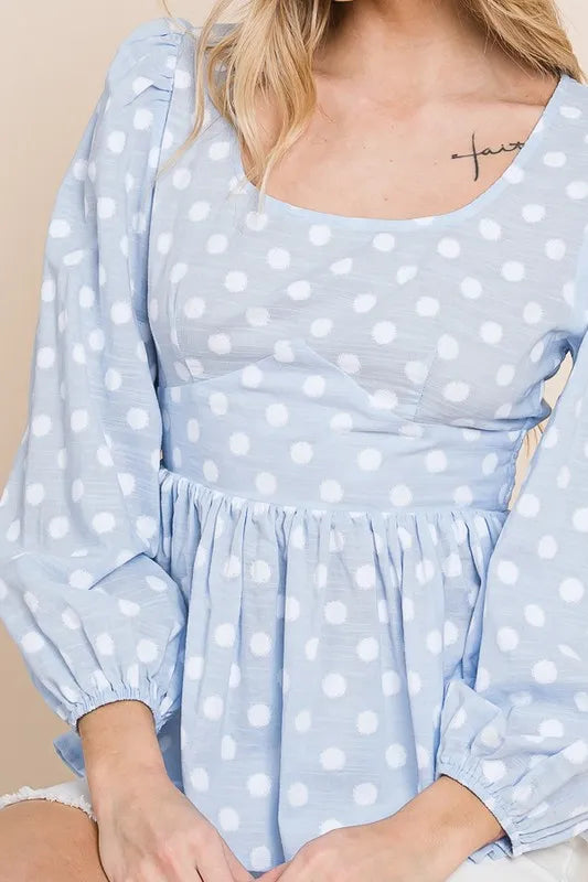 Lime 'N' Chili Polka Dot Print Balloon Sleeve Babydoll Peplum Top | Tops Daverri Fashions