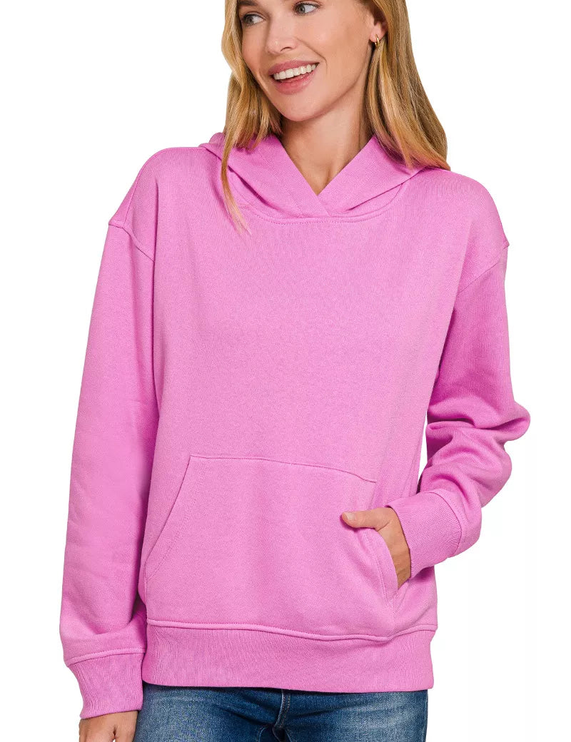 Zenana Fleece Kangaroo Pocket Hoodie in bright mauve