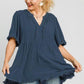 Umgee Full Size Raw Hem Notched Babydoll Linen Blouse Plus Size Blouses