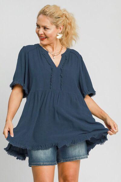 Umgee Full Size Raw Hem Notched Babydoll Linen Blouse Plus Size Blouses