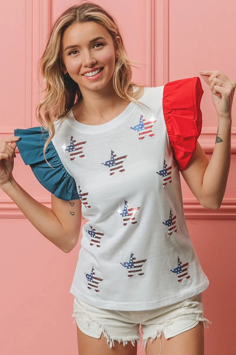 BiBi American Flag Sequin Stars Top Tops