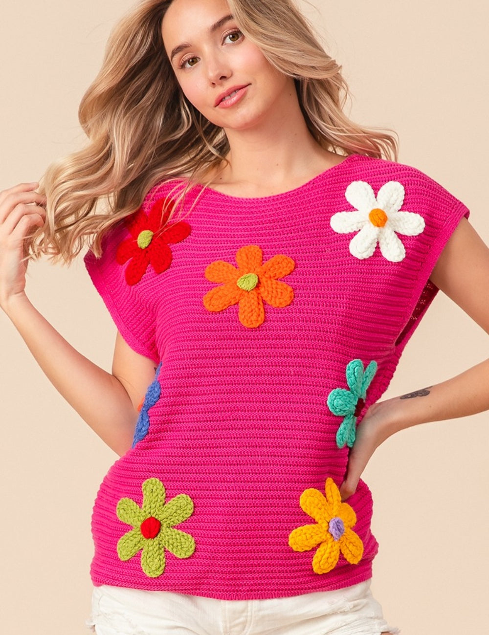 BiBi Flower Round Neck Cap Sleeve Knit Top Fuchsia Multi