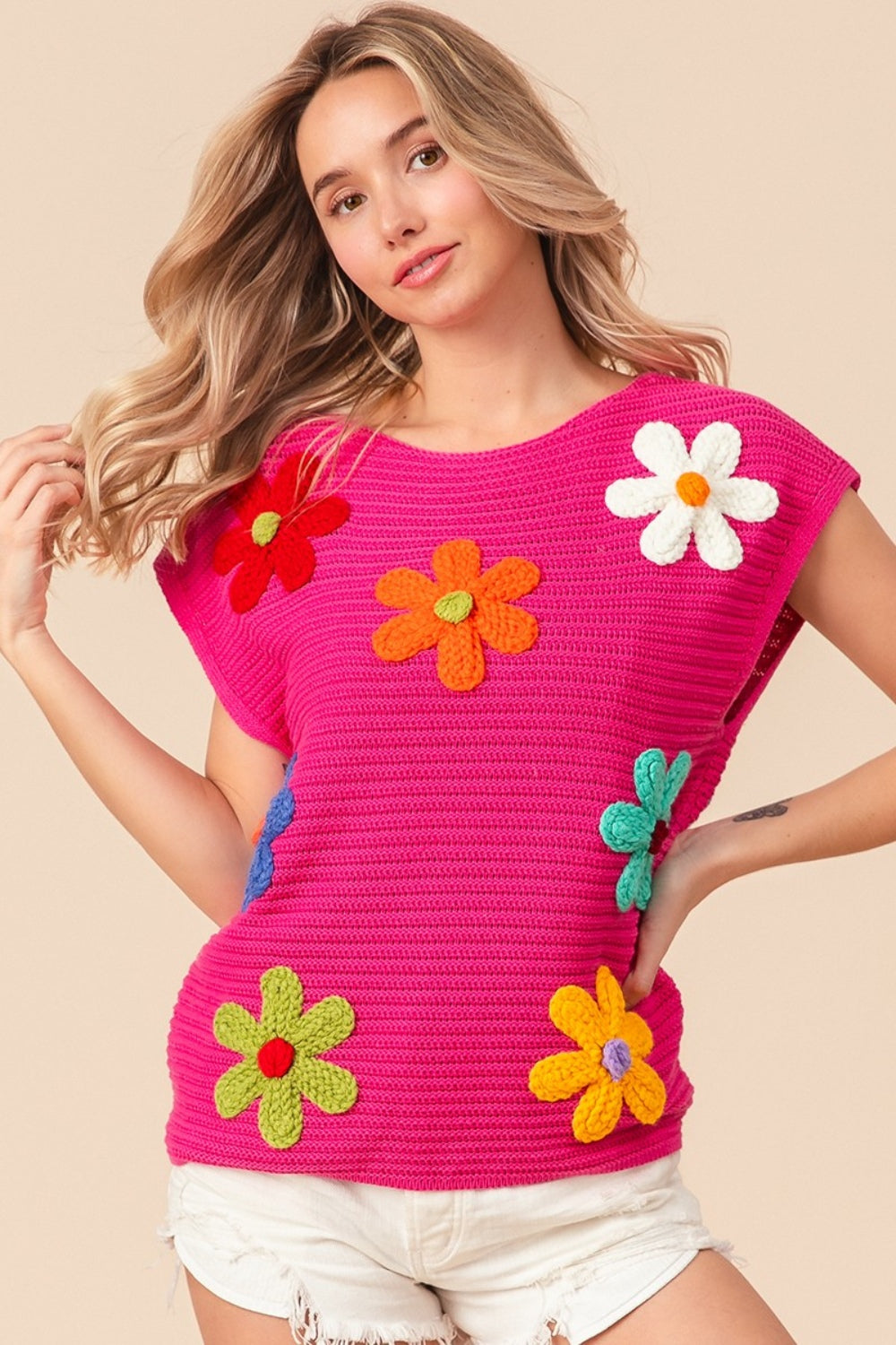 BiBi Flower Round Neck Cap Sleeve Knit Top Fuchsia Multi