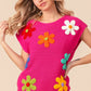 BiBi Flower Round Neck Cap Sleeve Knit Top Size L Fuchsia Multi L Tops