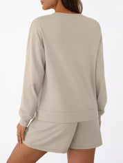 Round Neck Long Sleeve Top and Shorts Set | Loungewear Sets Daverri Fashions