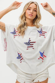 BiBi American Flag Sequin Star Fringe Top | Tops Daverri Fashions