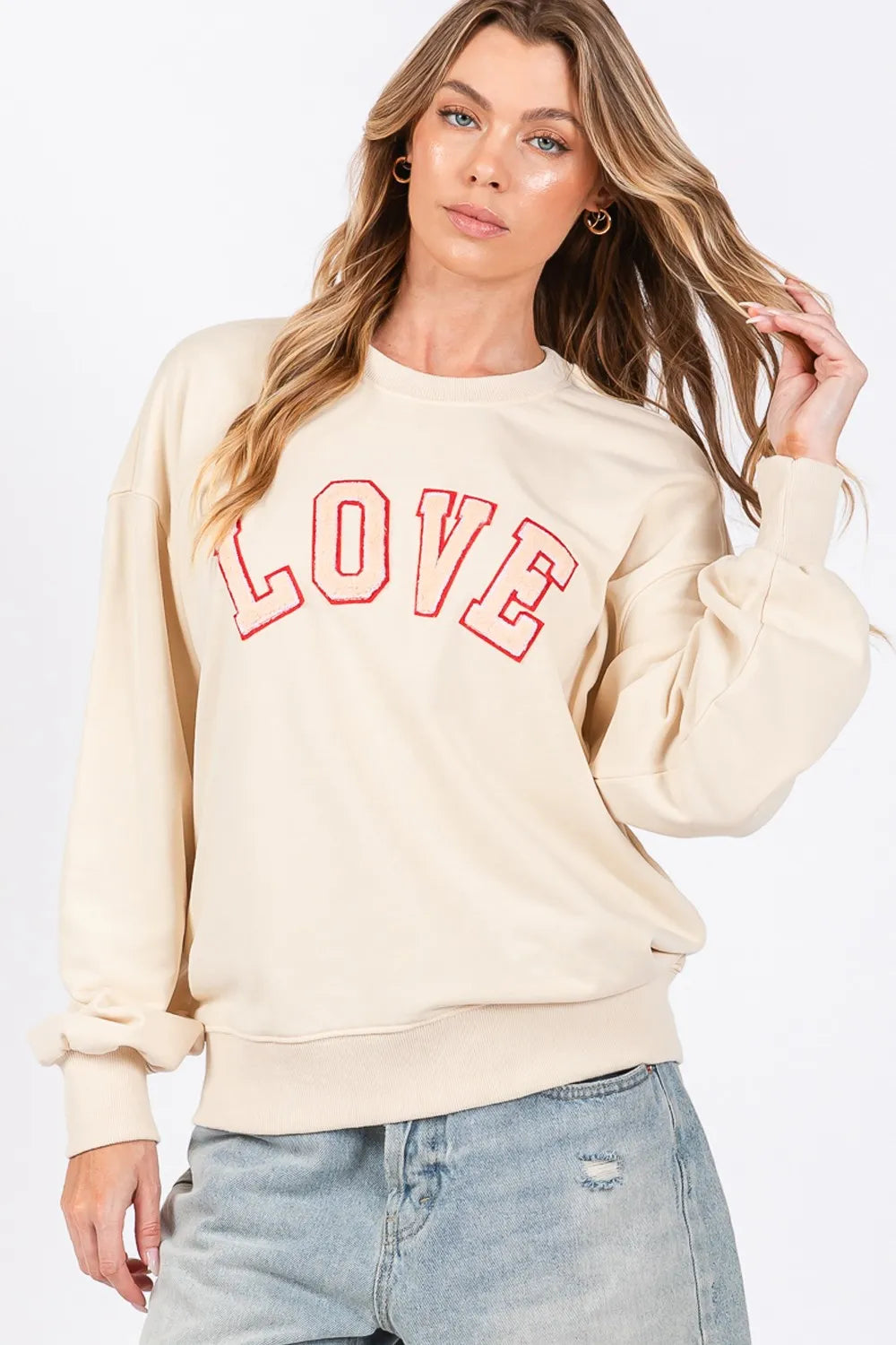 SAGE + FIG LOVE Path Applique Drop Shoulder Sweatshirt | Sweatshirts Daverri Fashions