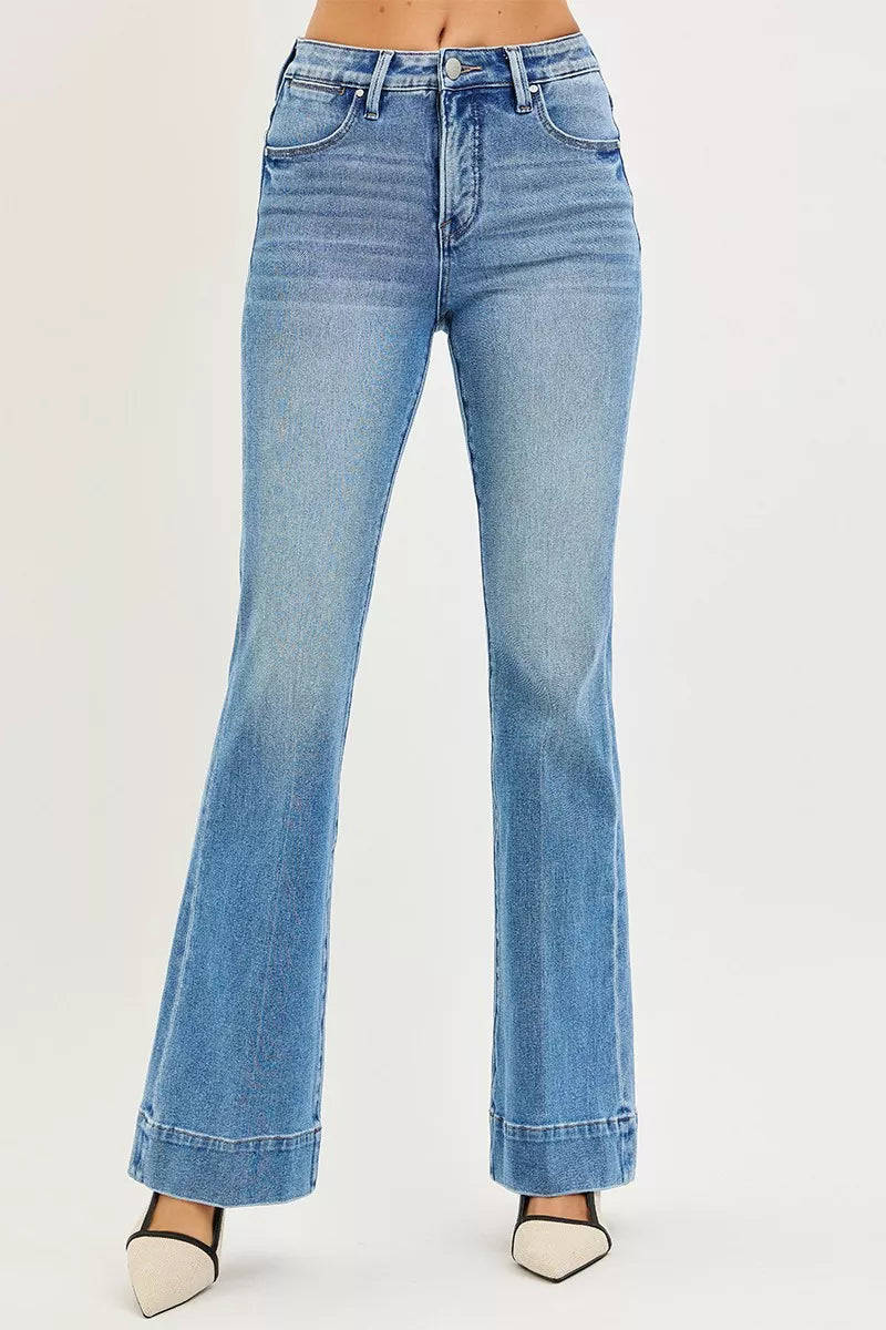 RISEN tummy control mid-rise flare jeans in light-wash denim with high-rise waist and rolled cuffs