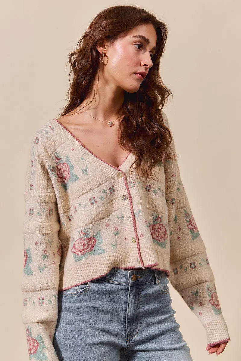 SO ME Floral Pattern Long Sleeve Button Sweater Cardigan | Cardigans Daverri Fashions