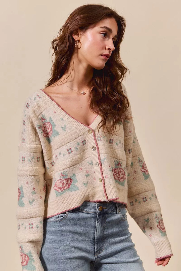SO ME Floral Pattern Long Sleeve Button Sweater Cardigan | Cardigans Daverri Fashions