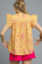 Umgee Printed Ruffle Cap Sleeve Blouse | Daverri Fashions