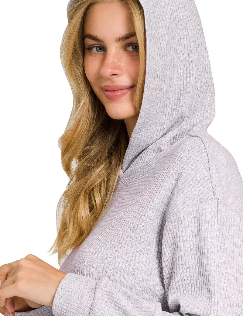 Drop Shoulder Ribbed Crop Hoodie Heather Grey | Hoodies Daverri Fashions