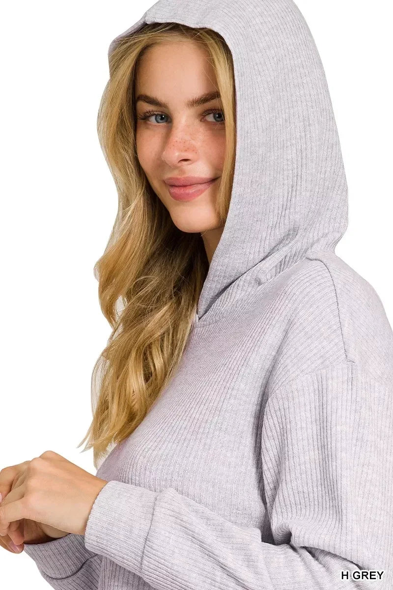 Drop Shoulder Ribbed Crop Hoodie Heather Grey - DAVERRI FASHIONS