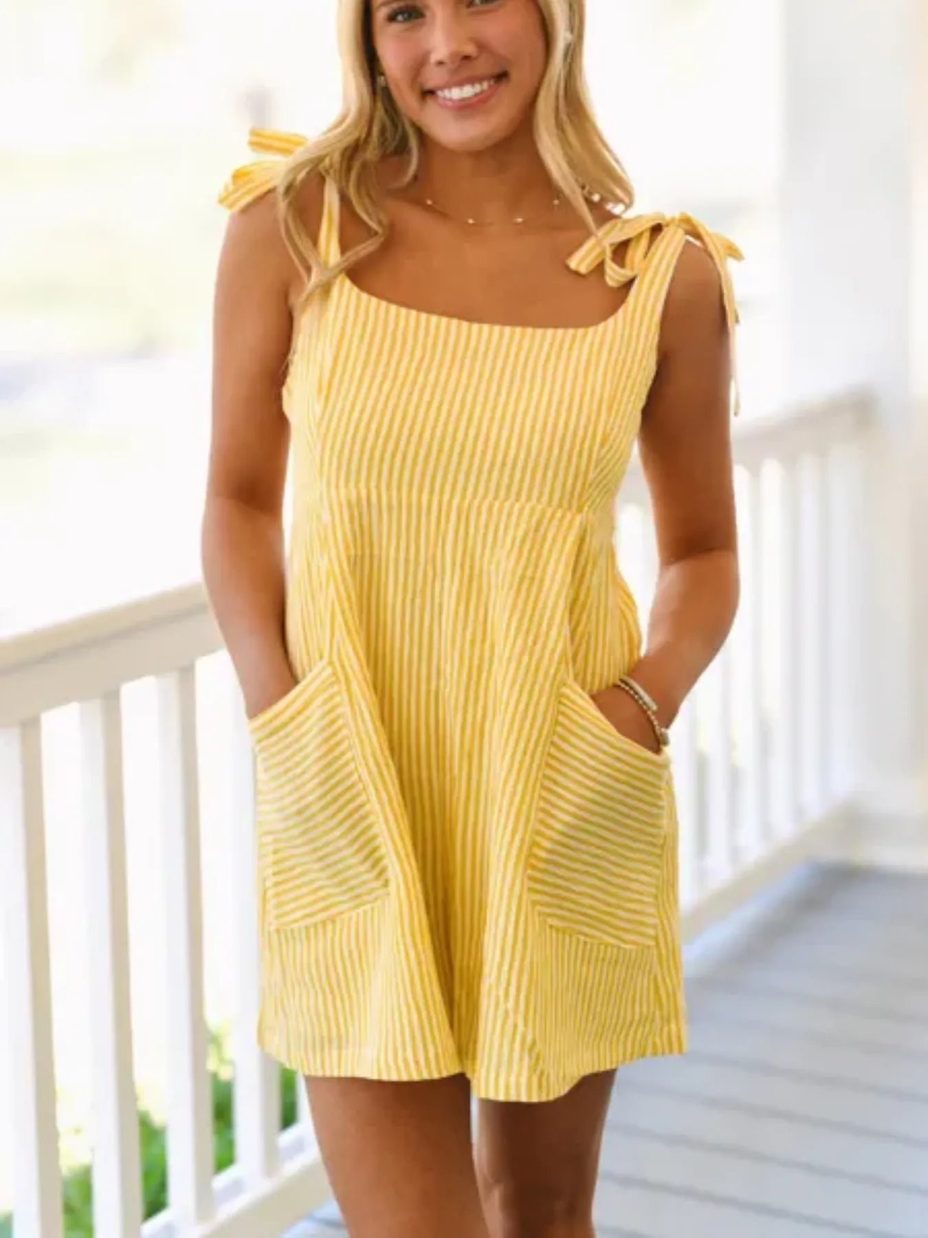Daverri yellow ribbed knit sundress with tie-sleeve straps and pockets