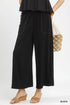 Umgee Linen Frayed Side Pocket Wide Leg Pants with black wide-leg design, white stitching and beaded trim