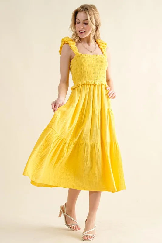 And The Why Ruched Shoulder Strap Detail Midi Dress Lemon Midi Dresses