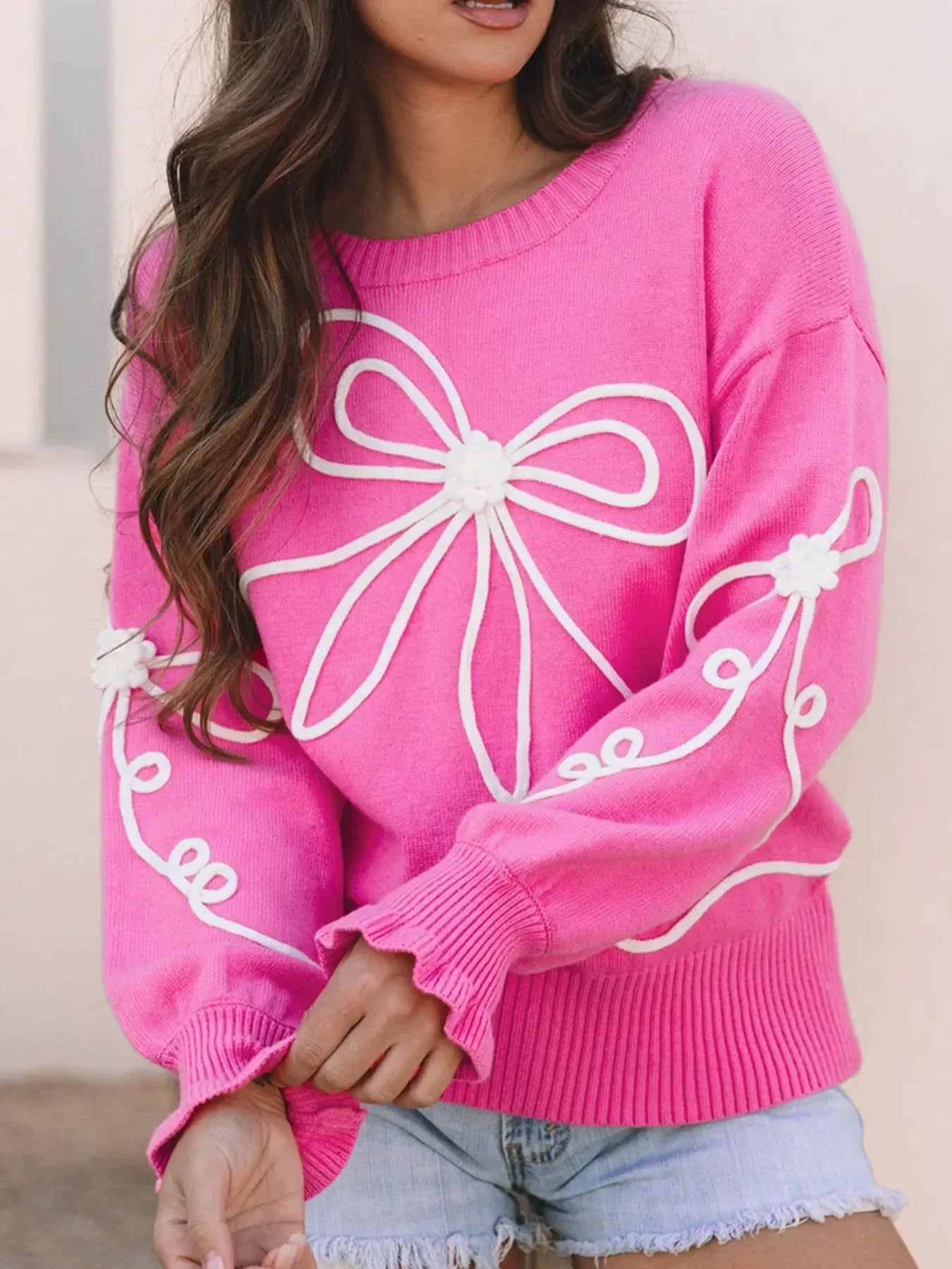 Ribbed Hem Long Sleeve Bow Tie Sweater - DAVERRI FASHIONS