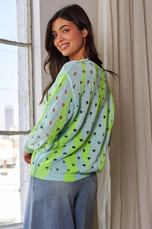 Vibrant lime green and light blue Davi & Dani polka dot openwork knit top