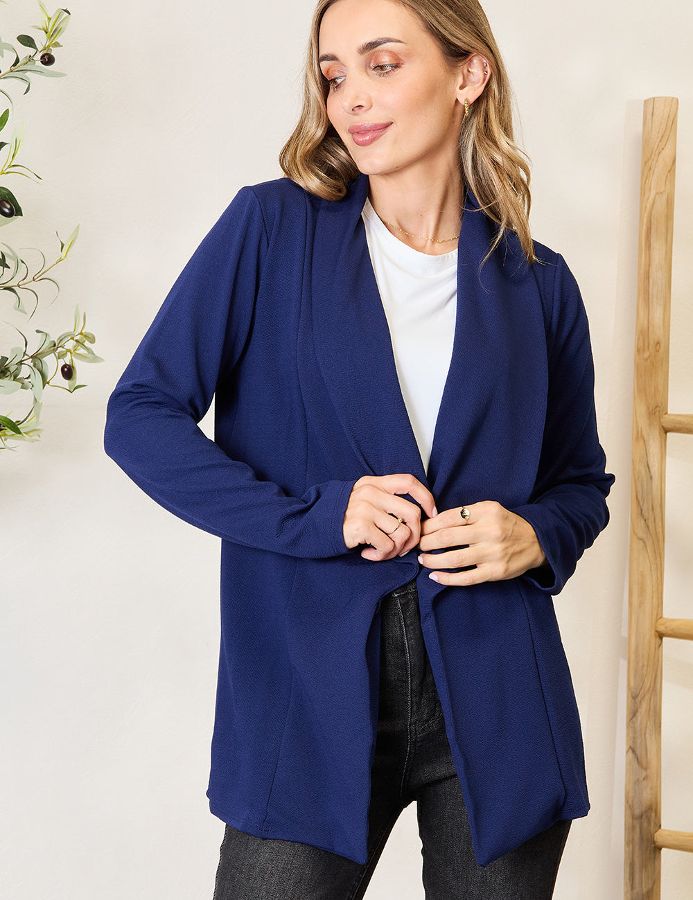 Heimish Full Size Statement Neck Open Front Blazer Dark Blue