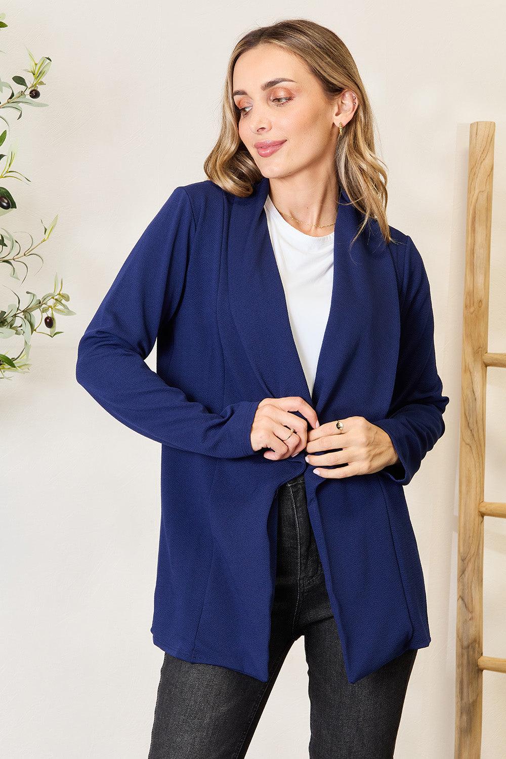 Heimish Full Size Statement Neck Open Front Blazer Dark Blue M