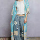 POL light blue cream striped floral crochet longline cardigan with tassels