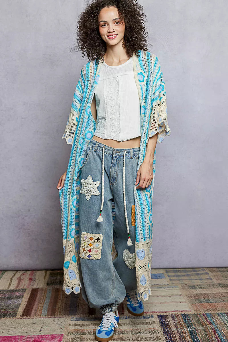 POL light blue cream striped floral crochet longline cardigan with tassels