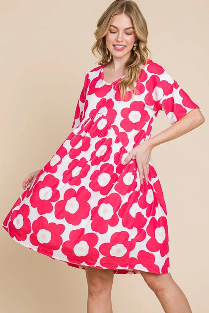 BOMBOM Flower Print Ruched Dress - DAVERRI FASHIONS
