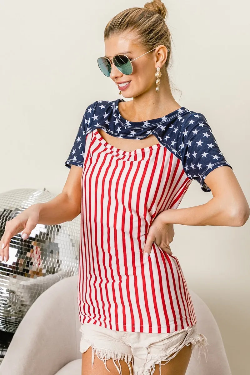 BiBi American Flag Theme Front Cut Out Top Tops