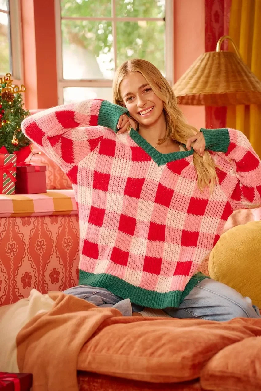 BiBi red white checkered Christmas sweater with green trim