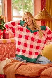 BiBi red white checkered Christmas sweater with green trim