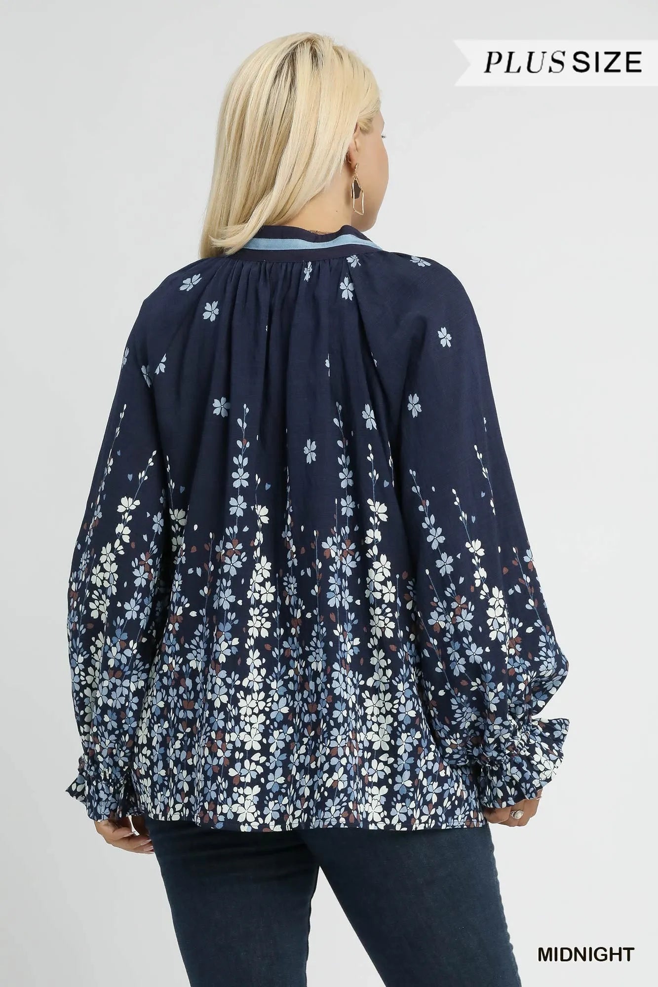 Umgee Full Size Floral Vine Print Blouse with Balloon Sleeves Plus Size