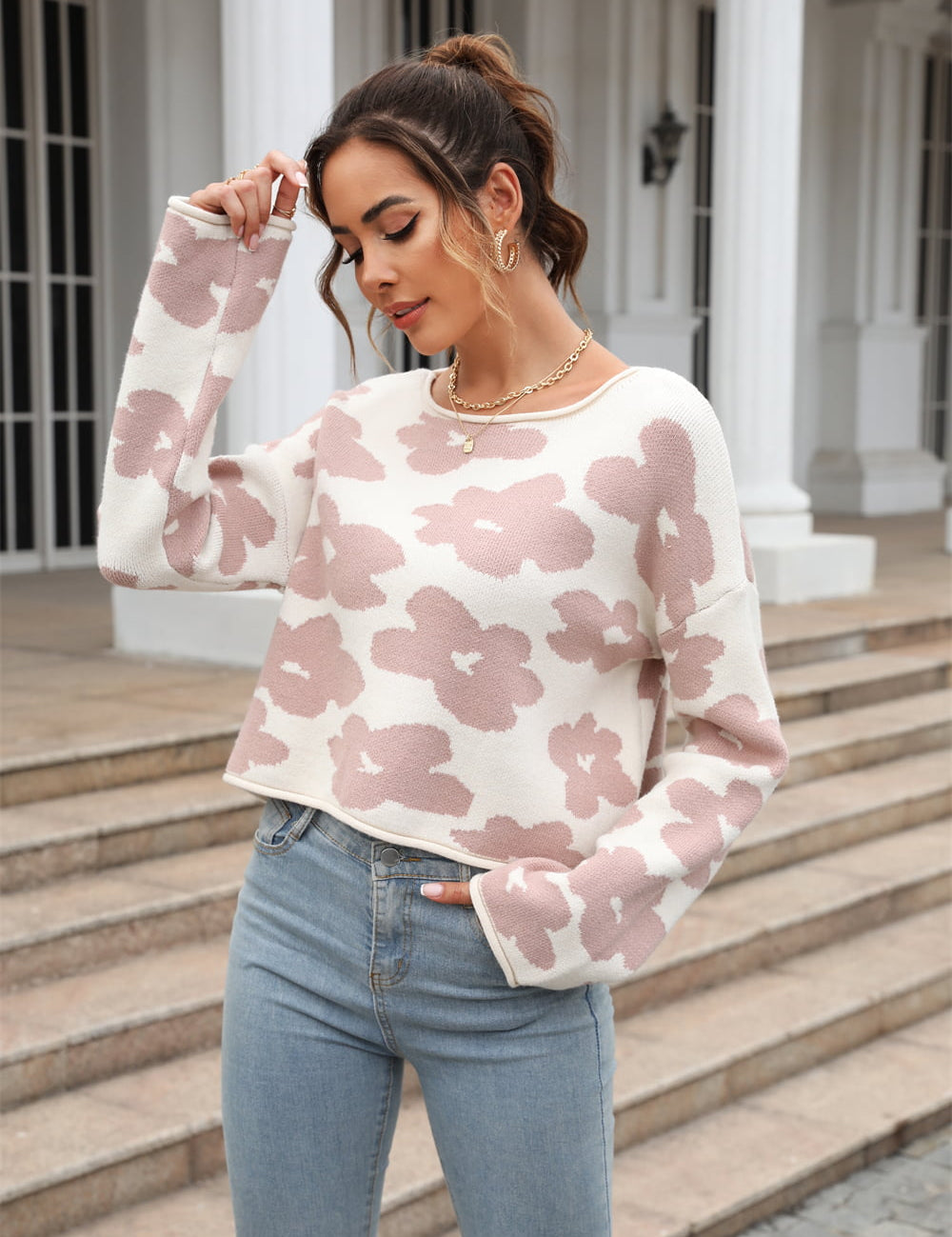 Angel Wings Round Neck Flower Pattern Dropped Shoulder Pullover Sweater | Sweaters Daverri Fashions