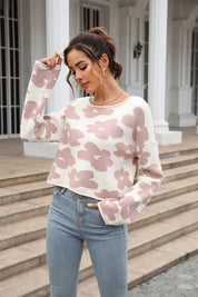Angel Wings Round Neck Flower Pattern Dropped Shoulder Pullover Sweater | Sweaters Daverri Fashions