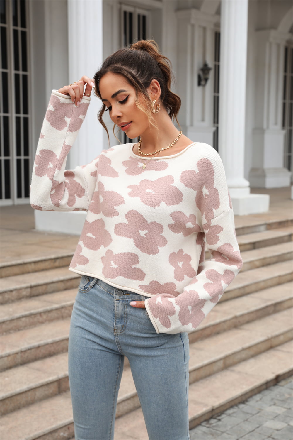 Angel Wings Round Neck Flower Pattern Dropped Shoulder Pullover Sweater | Sweaters Daverri Fashions