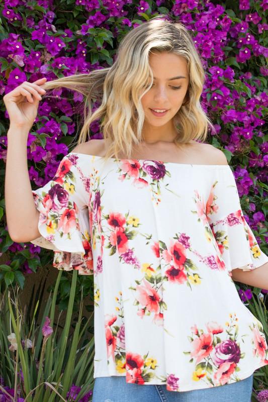 Plus Ruffle Sleeve Off Shoulder Floral Top Shirts & Tops